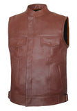 Mens Motorcycle Leather Club Vest Solid Tan Biker Concealed Carry Pockets