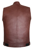 Mens Motorcycle Leather Club Vest Solid Tan Biker Concealed Carry Pockets