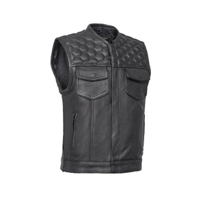 Neo - Mens Collarless Padded Motorcycle Biker Leather Vest Concealed Carry
