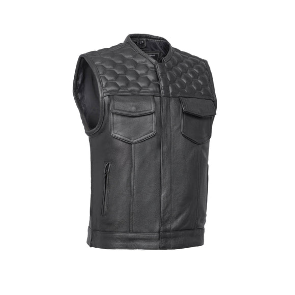 Neo - Mens Collarless Padded Motorcycle Biker Leather Vest Concealed Carry