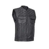 Neo - Mens Collarless Padded Motorcycle Biker Leather Vest Concealed Carry