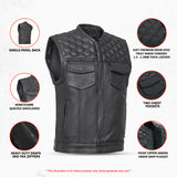 Neo - Mens Collarless Padded Motorcycle Biker Leather Vest Concealed Carry