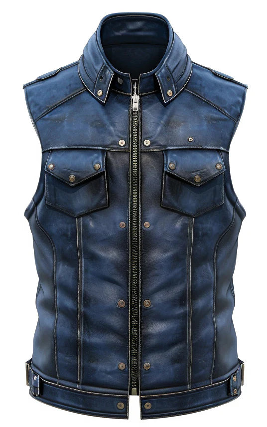 Men's Collared Blue Distressed Leather Motorcycle Concealed Carry Biker Vest