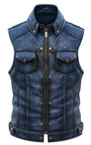 Men's Collared Blue Distressed Leather Motorcycle Concealed Carry Biker Vest