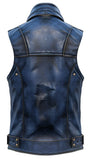 Men's Collared Blue Distressed Leather Motorcycle Concealed Carry Biker Vest