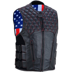 Patriot Wheel Men's US Flag Tactical Swat Style Motorcycle Leather Vest Concealed Carry Vest