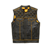 Hunt Club Style Diamond Stitched Braided Gold Checker Men's Club Motorcycle Concealed Carry Leather Vest