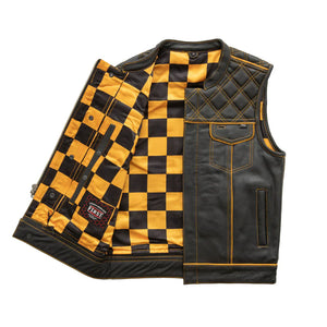 Hunt Club Style Diamond Stitched Braided Gold Checker Men's Club Motorcycle Concealed Carry Leather Vest