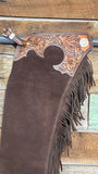 Handmade Men Fringe Suede Tooled Chocolate Western Cowboy Leather Chaps
