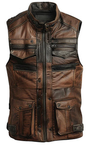 Men's Jack Brown Distressed Leather Motorcycle Concealed Carry Leather Vest