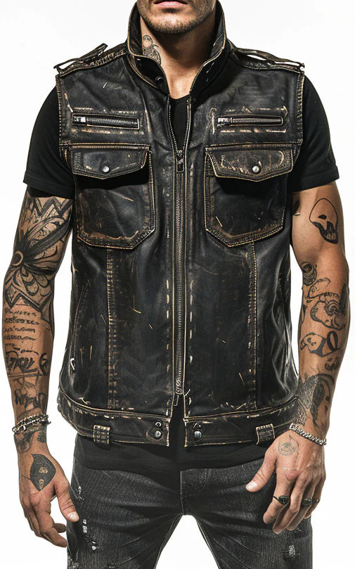 Men's Marco Distressed Black Motorcycle Concealed Carry Leather Vest