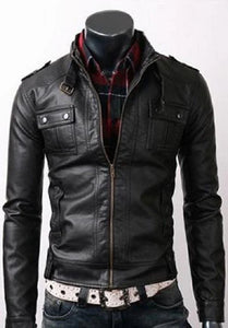 Men Black Strap Pocket Leather Motorcycle Concealed Carry Biker Jacket