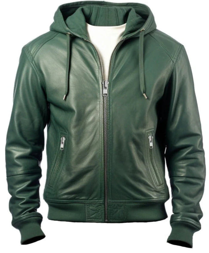 Mens Green Hooded Genuine Leather Jacket – SUPER THROTTLE