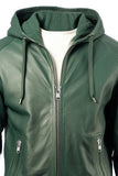 Mens Green Hooded Genuine Leather Jacket