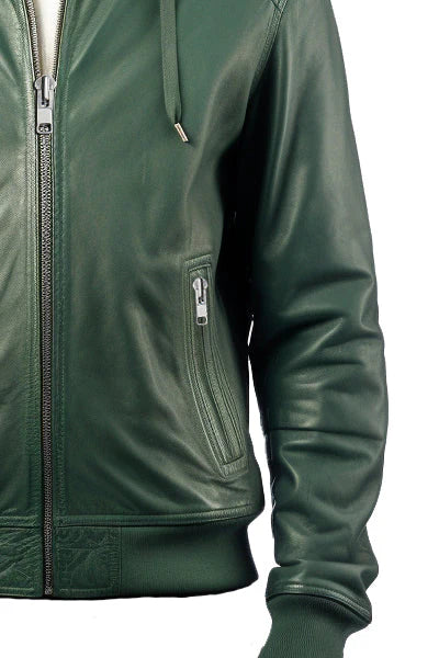 Mens Green Hooded Genuine Leather Jacket – SUPER THROTTLE