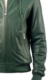 Mens Green Hooded Genuine Leather Jacket