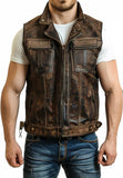 Men's Atlas Brown Distressed Leather Motorcycle Concealed Carry Leather Vest