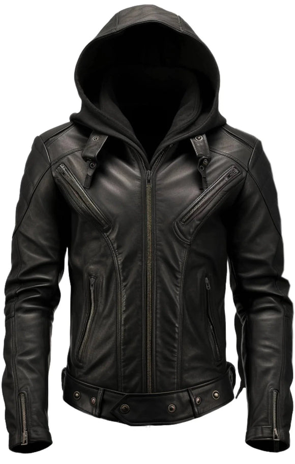 Mens Hooded Black Leather Motorcycle Concealed Carry Jacket