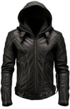 Mens Hooded Black Leather Motorcycle Concealed Carry Jacket