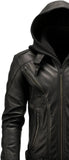 Mens Hooded Black Leather Motorcycle Concealed Carry Jacket