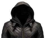 Mens Hooded Black Leather Motorcycle Concealed Carry Jacket