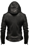 Mens Hooded Black Leather Motorcycle Concealed Carry Jacket