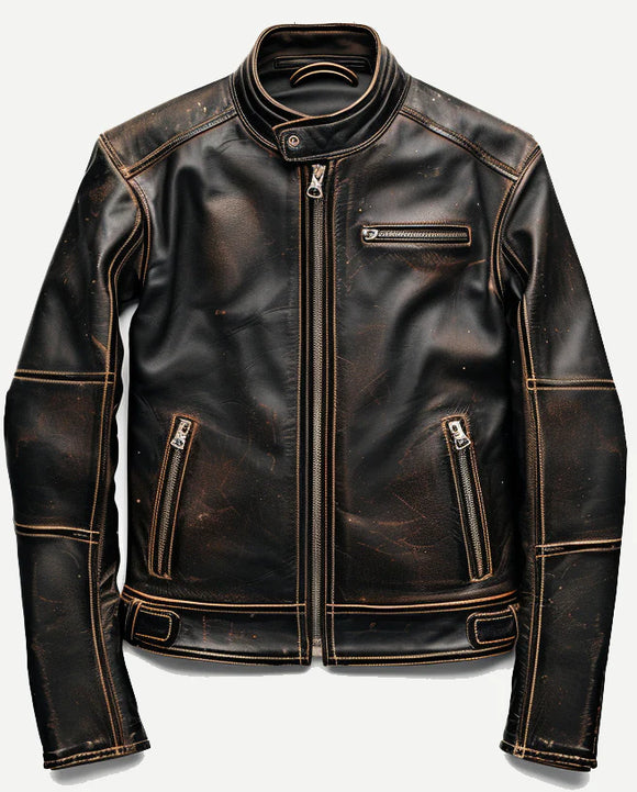 Mens Brown Rub Off Biker Style Motorcycle Leather Jacket