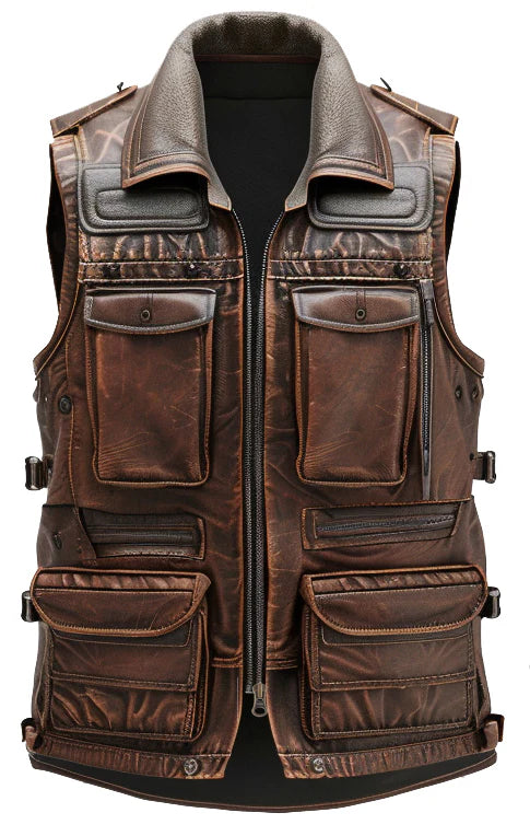 Men's Military Style Brown Distressed Leather Motorcycle Concealed Carry Leather Vest