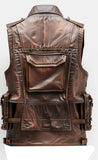 Men's Military Style Brown Distressed Leather Motorcycle Concealed Carry Leather Vest