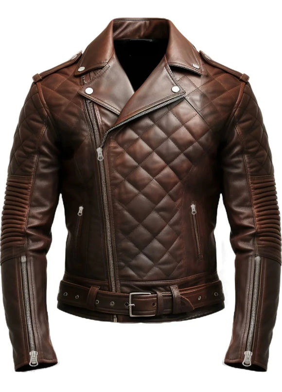 Mens Hunt Club Style Quilted Distressed Brown Biker Style Motorcycle Leather Jacket