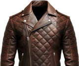 Mens Hunt Club Style Quilted Distressed Brown Biker Style Motorcycle Leather Jacket