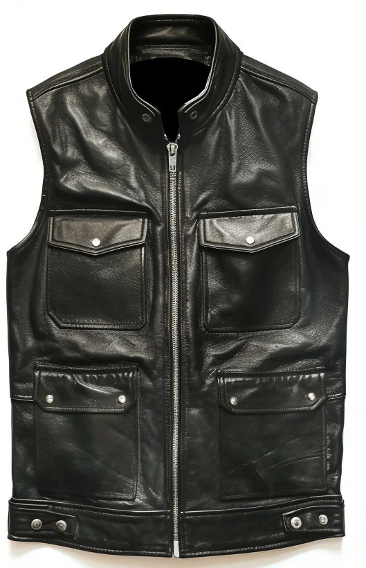 Men's Storm Black Leather Motorcycle Concealed Carry Biker Vest