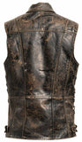 Men's Strap Pocket Brown Distressed Leather Motorcycle Concealed Carry Leather Vest