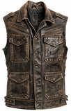 Men's Strap Pocket Brown Distressed Leather Motorcycle Concealed Carry Leather Vest