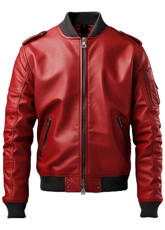 Mens Biker Style Red Bomber Genuine Leather Jacket