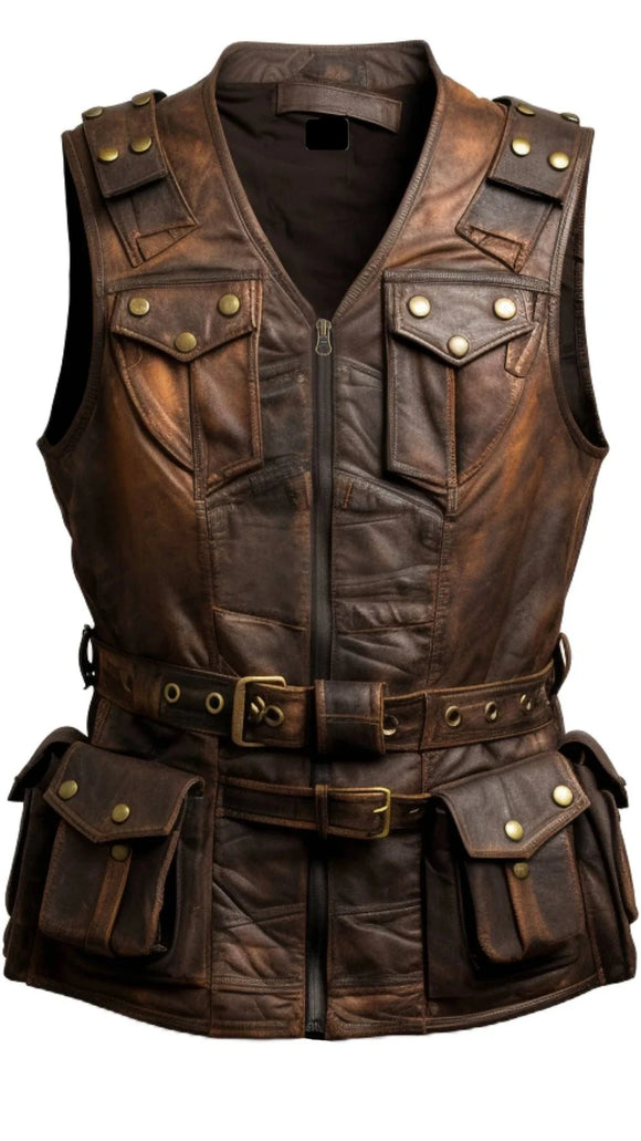 Men's Vintage Brown Miltary Vest Tactical Style Motorcycle Concealed Carry Leather Vest