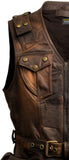 Men's Vintage Brown Miltary Vest Tactical Style Motorcycle Concealed Carry Leather Vest