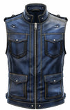 Men's Blue Distressed Leather Motorcycle Concealed Carry Biker Vest