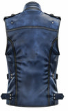 Men's Blue Distressed Leather Motorcycle Concealed Carry Biker Vest