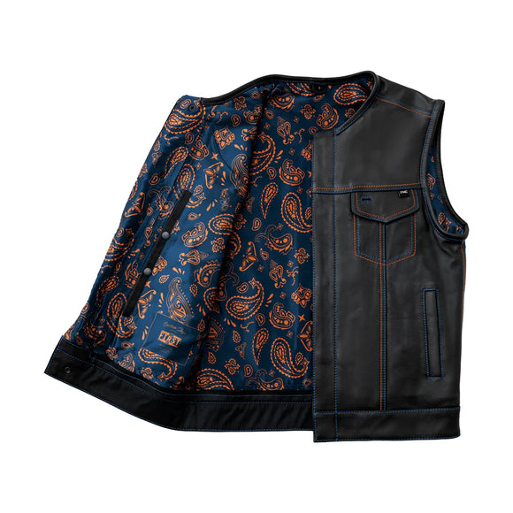 Hunt Club Men's Club Style Collarless Paisley Motorcycle Concealed Carry Leather Vest