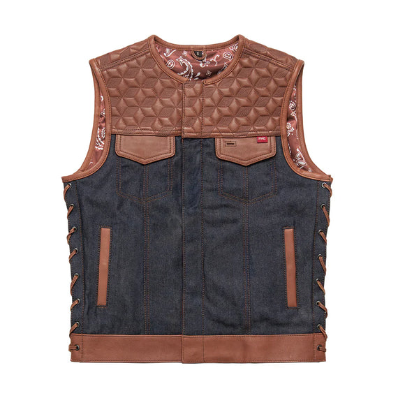 Hunt Club Men's Side Laced Brown Paisley Motorcycle Concealed Carry Leather And Denim Vest