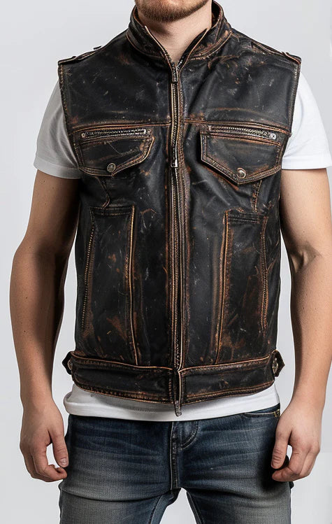 Men's Rocco Brown Distressed Leather Motorcycle Concealed Carry Leather Vest