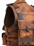 Men's Rust Brown Miltary Tactical Style Distressed Motorcycle Concealed Carry Leather Vest