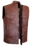 Mens Motorcycle Leather Club Vest Solid Tan Biker Concealed Carry Pockets