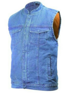 MENS MOTORCYCLE SNAPS ZIPPERED DENIM BLUE VEST CONCEALED CARRY