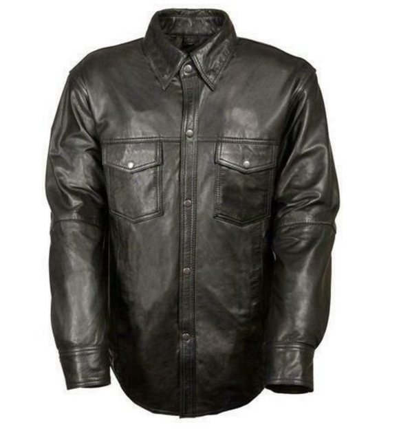 Mens Motorcycle Casual Light Weight Full sleeve Leather Shirt with Snap buttons