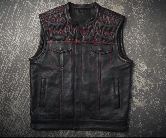 Hunt Club Flames Men's Club Style Motorcycle Concealed Carry Leather Vest