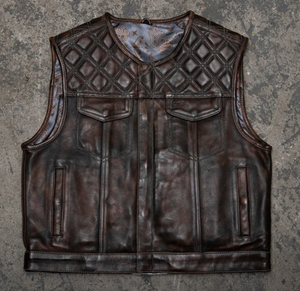 Hunt Club Brown Distressed Diamond Stitched Paisley Men's Motorcycle Concealed Carry Leather Vest