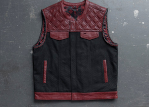 Hunt Club Style SOA Diamond Stitched Men's Club Motorcycle Concealed Carry Red Leather And Denim Vest