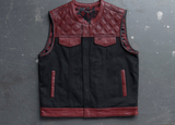 Hunt Club Style SOA Diamond Stitched Men's Club Motorcycle Concealed Carry Red Leather And Denim Vest